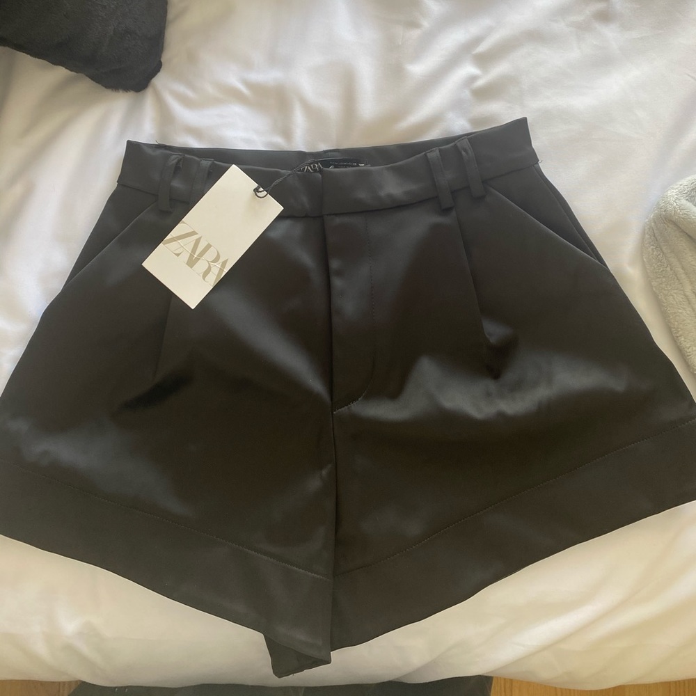 Black Satin High Waisted Flowy Tailored Shorts